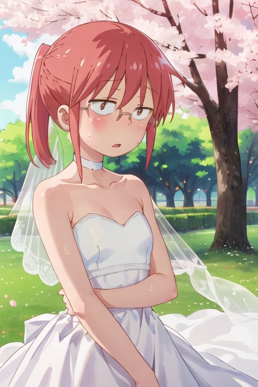 best quality, masterpiece, highres, solo, {kobayashi_kobayashisanchinomaidragon:1.15}, glasses, red_hair, blush, ponytail, bangs, closed_mouth, brown_eyes, 1girl, bare_shoulders, choker, dress, hair_between_eyes, open_mouth, petals, sweat, wedding_dress, white_choker, bridal_veil, bride, outdoors, tree, veil, white_dress, cherry_blossoms, day, flower, from_side, hair_flower, hair_ornament, sweatdrop, looking_at_viewer