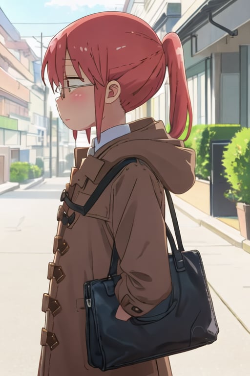 best quality, masterpiece, highres, solo, {kobayashi_kobayashisanchinomaidragon:1.15}, glasses, red_hair, blush, ponytail, bangs, closed_mouth, brown_eyes, 1girl, from_side, profile, sidelocks, brown_coat, coat, hood_down, parted_lips, bag, hood, long_sleeves, standing, pink_hair, shoulder_bag