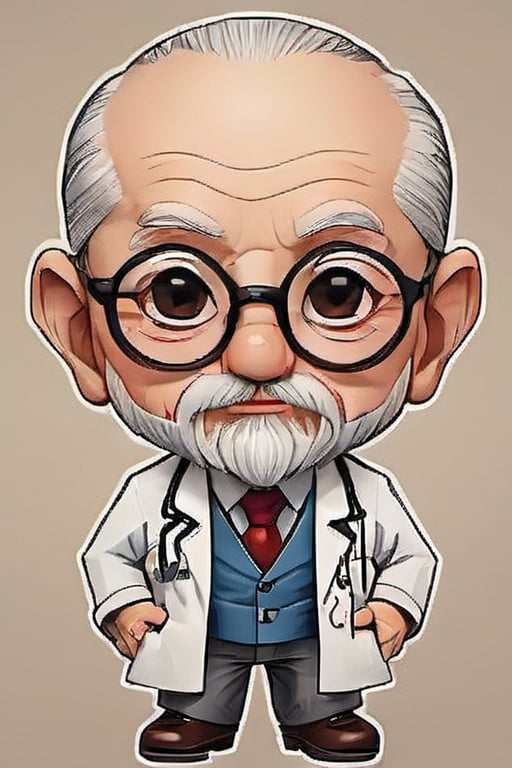 old man doctor, chibi, skinhead, white beard, glasses,chibi,aibolit