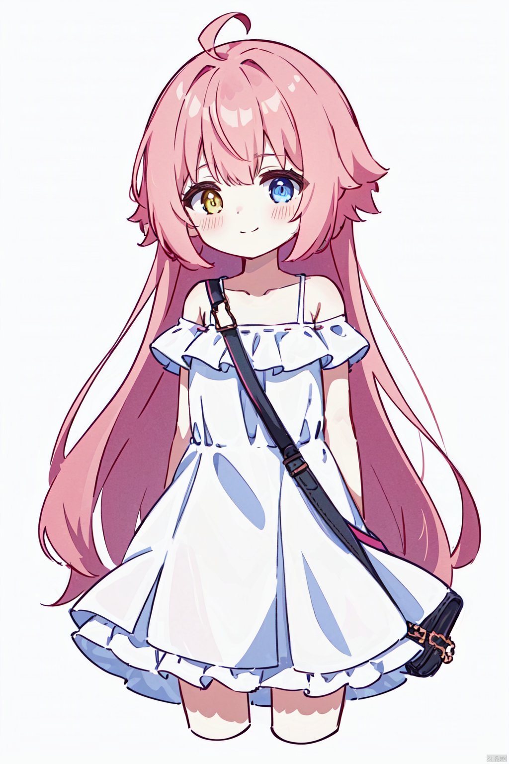  1girl, solo, ahoge, pink hair, long hair, heterochromia, blue eyes, yellow eyes, blush, smile, dress, white dress, arms behind back, bag, closed mouth, collarbone, cowboy shot, cropped legs, frilled dress, frills, looking at viewer, shoulder bag, simple background, white background