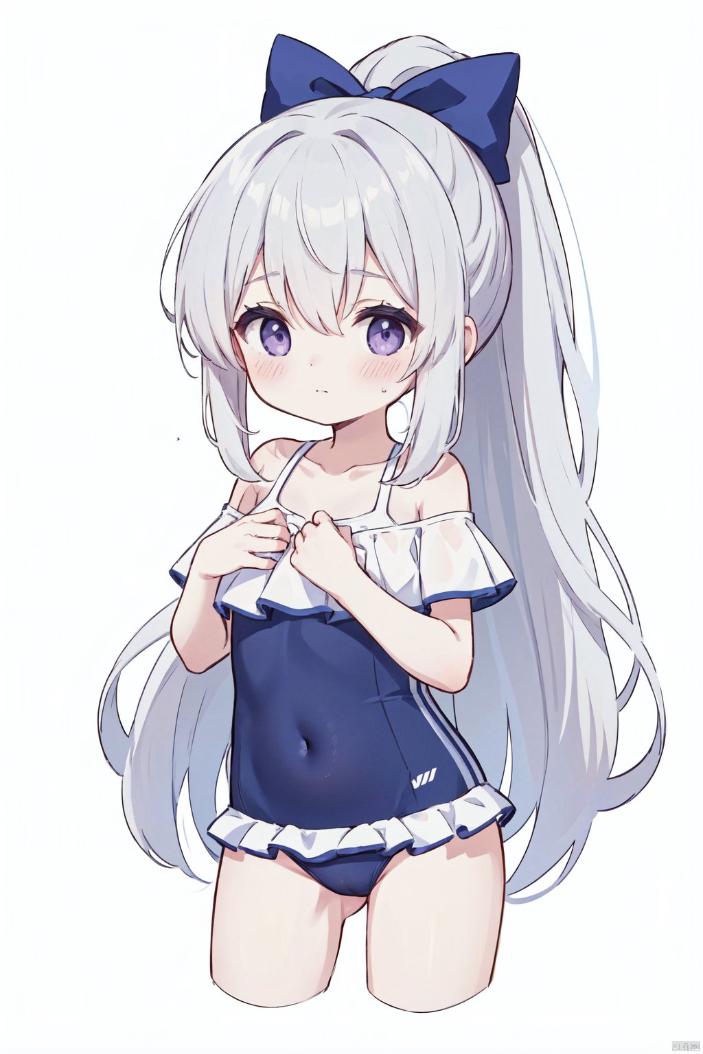  1girl, solo, long hair, very long hair, purple eyes, blush, bow, covered navel, bare shoulders, blue bow, blue one-piece swimsuit, casual one-piece swimsuit, closed mouth, collarbone, commentary, cropped legs, frilled one-piece swimsuit, frills, grey hair, hair between eyes, hair bow, hands on own chest, hands up, highres, looking at viewer, off-shoulder one-piece swimsuit, off shoulder, official alternate costume, one-piece swimsuit, ponytail, simple background, swimsuit, white background