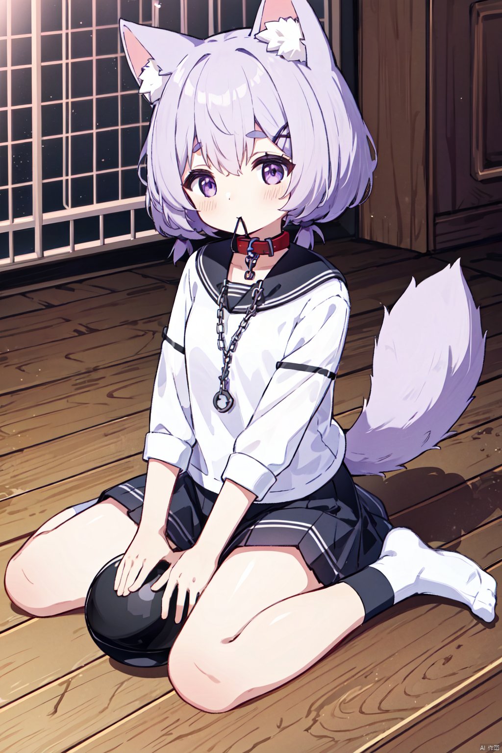  bone, animal ears, 1girl, tail, dog ears, dog tail, solo, ball, purple hair, pet bowl, collar, soccer ball, mouth hold, chain, sitting, leash, shirt, dog girl, looking at viewer, wariza, purple eyes, animal collar, bangs, black shirt, socks, food, short hair, bowl, thick eyebrows, twintails