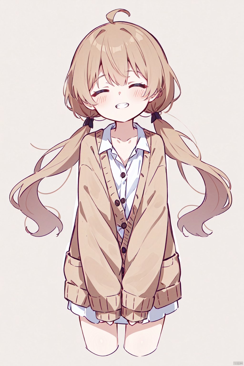  1girl, solo, light brown hair, twintails, blush, smile, shirt, white shirt, ^ ^, brown cardigan, cardigan, closed eyes, collarbone, cropped legs, long sleeves, simple background, sleeves past fingers, sleeves past wrists, teeth, upper teeth only, white background, cowboy shot