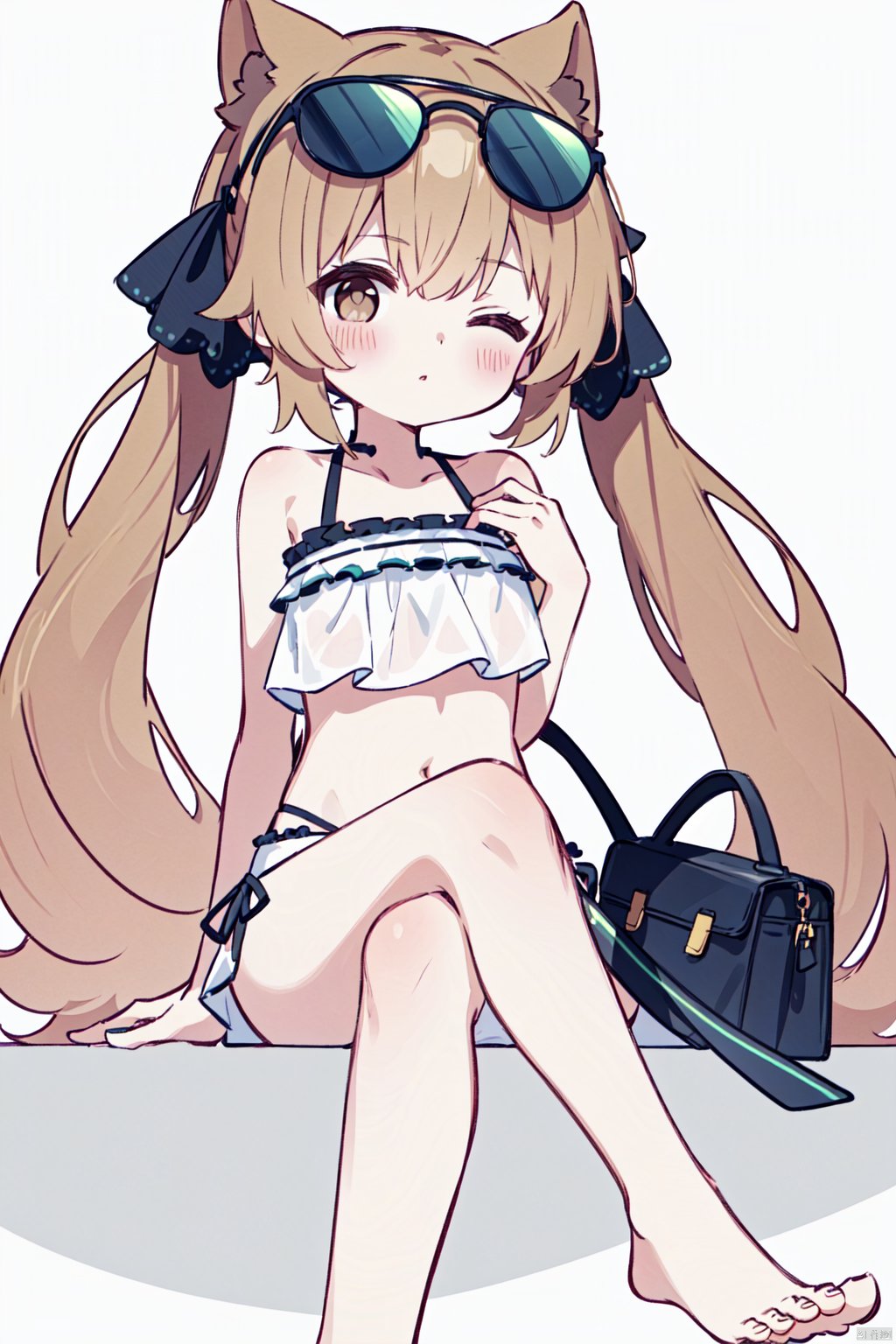  1girl, solo, light brown hair, twintails, brown eyes, blush, arm support, bag, bare shoulders, barefoot, bikini, collarbone, crossed legs, feet, frilled bikini, frills, hand up, legs, looking at viewer, low twintails, one eye closed, parted lips, ribbon trim, round eyewear, simple background, sitting, sunglasses, swimsuit, toenails, toes, white background, white bikini, cowboy shot