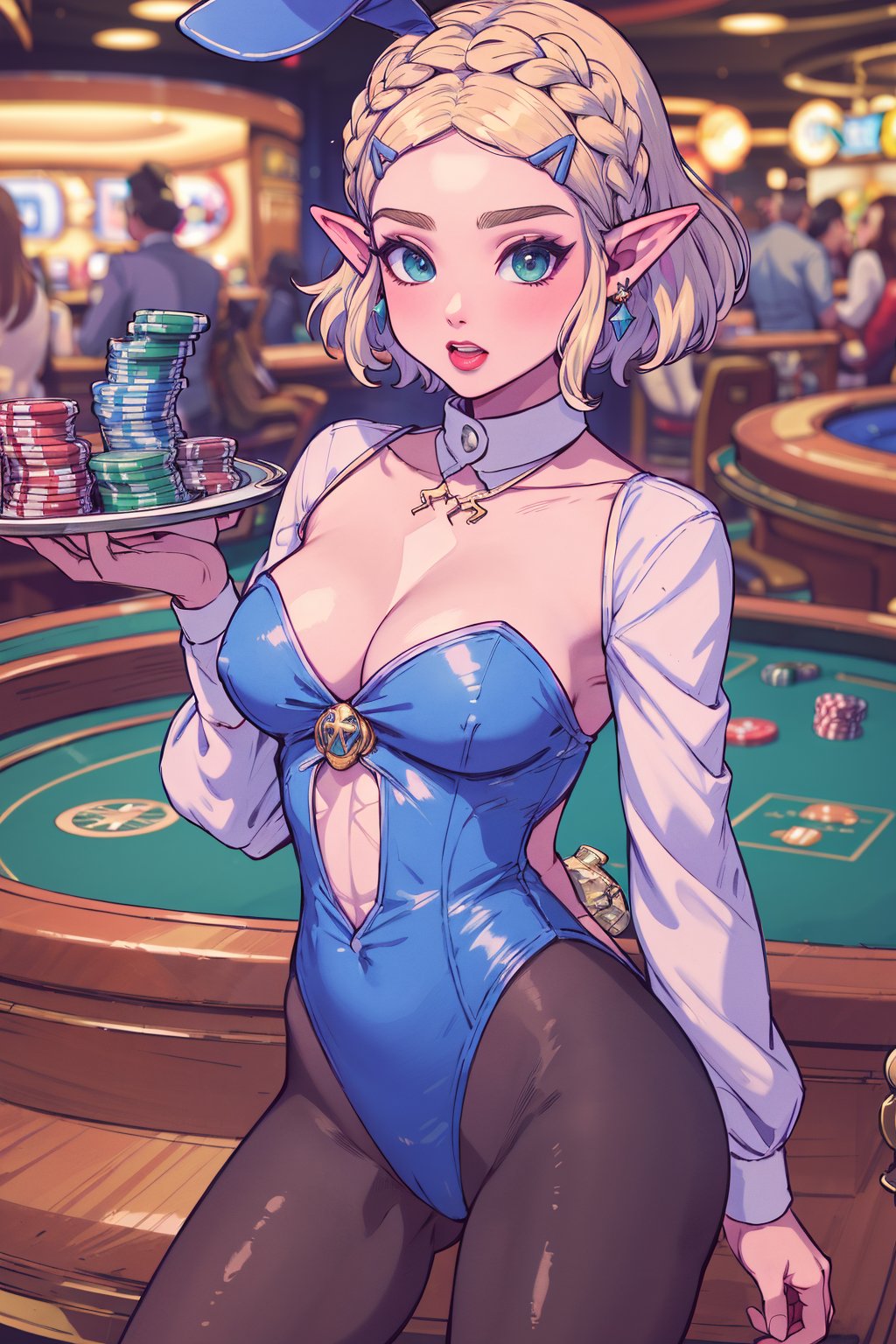 masterpiece, best quality, highres, aazelda, short hair, crown braid, hairclip, pointy ears, , playboy bunny, leotard, black pantyhose, casino, holding tray, ,aazelda,More Detail