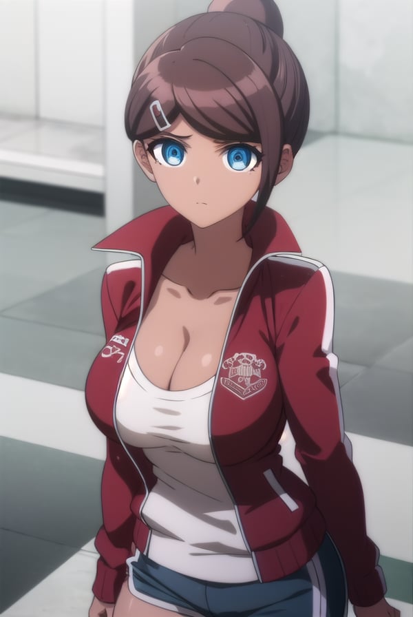 aoiasahina, <lora:aoi asahina s1-lora-nochekaiser:1>,aoi asahina, short hair, bangs, blue eyes, brown hair, hair ornament, ponytail, hairclip, dark skin, dark-skinned female,BREAK shirt, long sleeves, cleavage, collarbone, jacket, white shirt, open clothes, shorts, hairclip, open jacket, red jacket,BREAK outdoors, classroom,BREAK looking at viewer, (cowboy shot:1.5),BREAK <lyco:GoodHands-beta2:1>, (masterpiece:1.2), best quality, high resolution, unity 8k wallpaper, (illustration:0.8), (beautiful detailed eyes:1.6), extremely detailed face, perfect lighting, extremely detailed CG, (perfect hands, perfect anatomy),