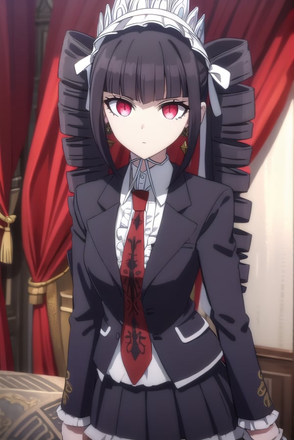 celestialudenberg, <lora:celestia ludenberg s1-lora-nochekaiser:1>,celestia ludenberg, long hair, bangs, black hair, (red eyes:1.3), long sleeves, twintails, drill hair, twin drills,BREAK skirt, shirt, black hair, long sleeves, jewelry, jacket, earrings, frills, necktie, black skirt, black jacket, red necktie, bonnet, print necktie,BREAK outdoors, classroom,BREAK looking at viewer, (cowboy shot:1.5),BREAK <lyco:GoodHands-beta2:1>, (masterpiece:1.2), best quality, high resolution, unity 8k wallpaper, (illustration:0.8), (beautiful detailed eyes:1.6), extremely detailed face, perfect lighting, extremely detailed CG, (perfect hands, perfect anatomy),