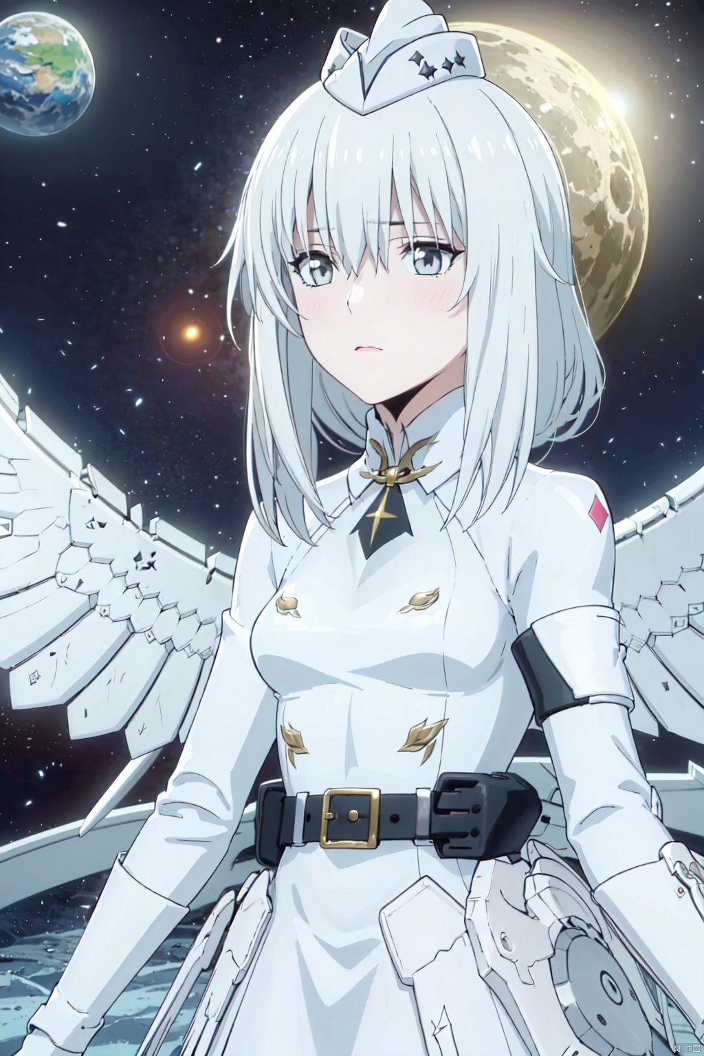  masterpiece, best quality, incredibly absurdress, highres, high detail eyes,1girl,solo,hair between eyes,blush,masterpiece,soft tender eyes,best quality,white hair,grey eyes,long hair,cosmos background,planets,cowboy shot,liv,mechanical wings,white coat,hat,looking up,worried_expression,