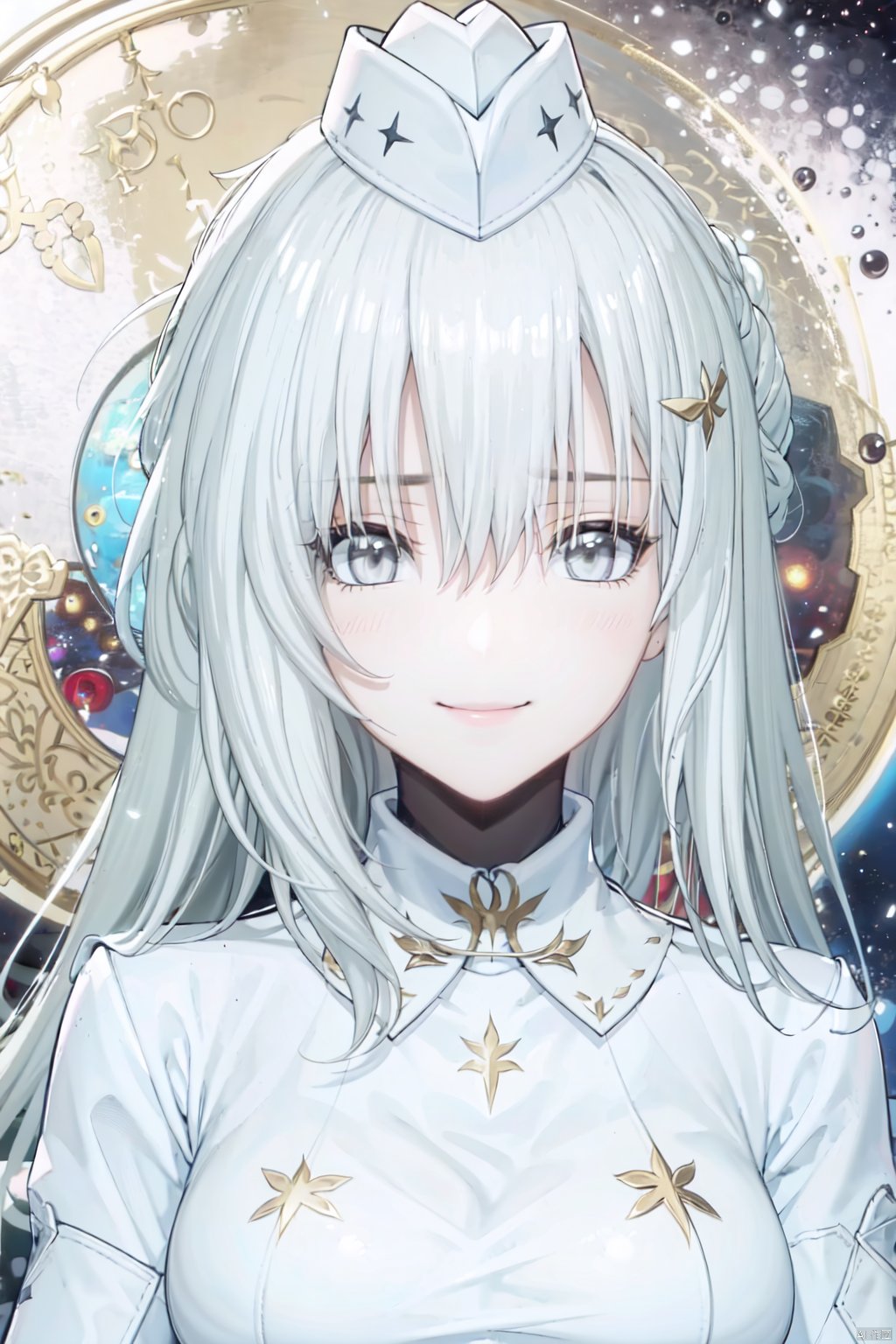  masterpiece, best quality, incredibly absurdress, highres, high detail eyes,1girl,solo,hair between eyes,blush,masterpiece,soft tender eyes,best quality,white hair,grey eyes,long hair,cosmos background,planets,cowboy shot,liv,wings,white coat,hat,smile,from above,close up,