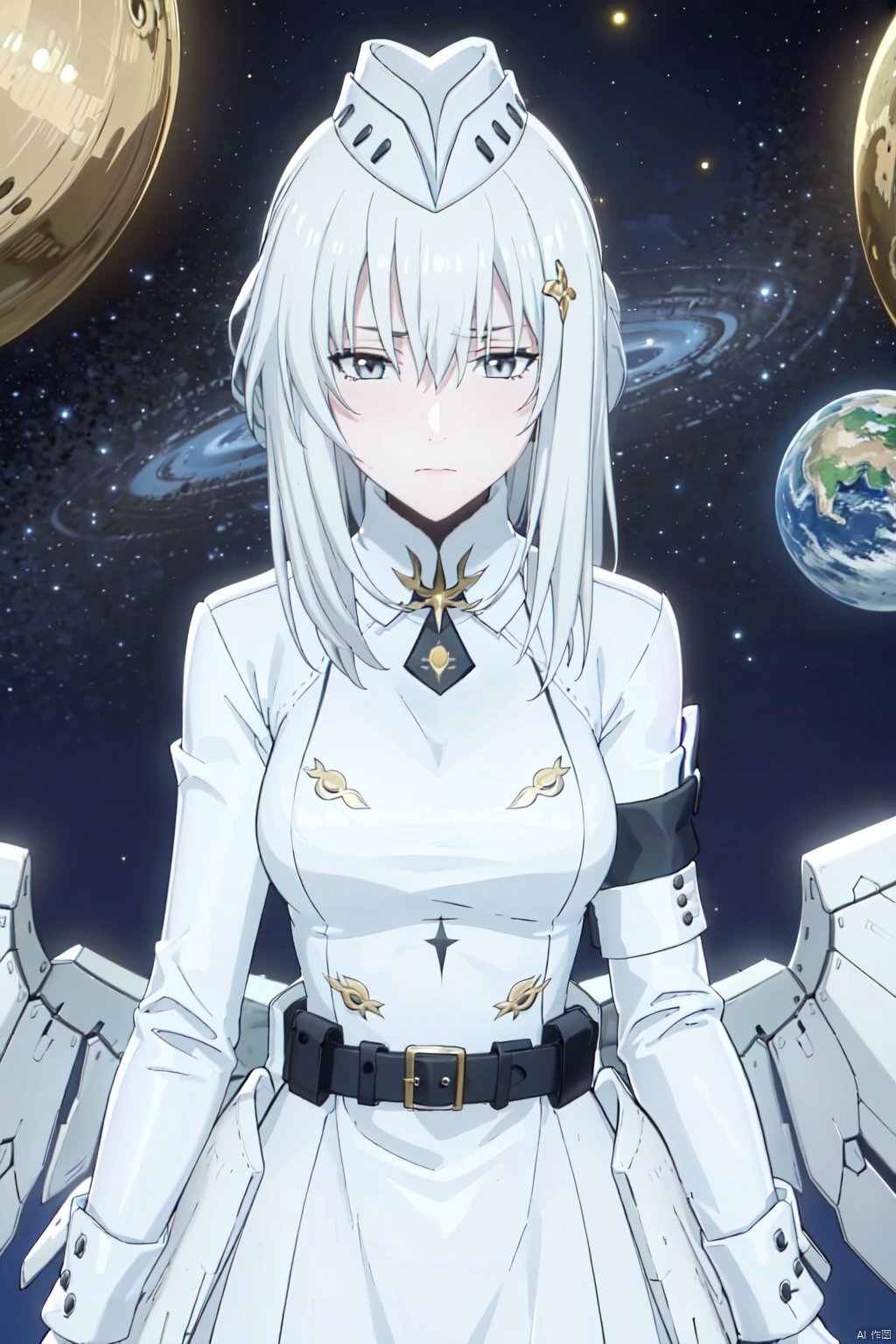  masterpiece, best quality, incredibly absurdress, highres, high detail eyes,1girl,solo,hair between eyes,blush,masterpiece,soft tender eyes,best quality,white hair,grey eyes,long hair,cosmos background,planets,cowboy shot,liv,mechanical wings,white coat,hat,looking up,worried_expression,from above