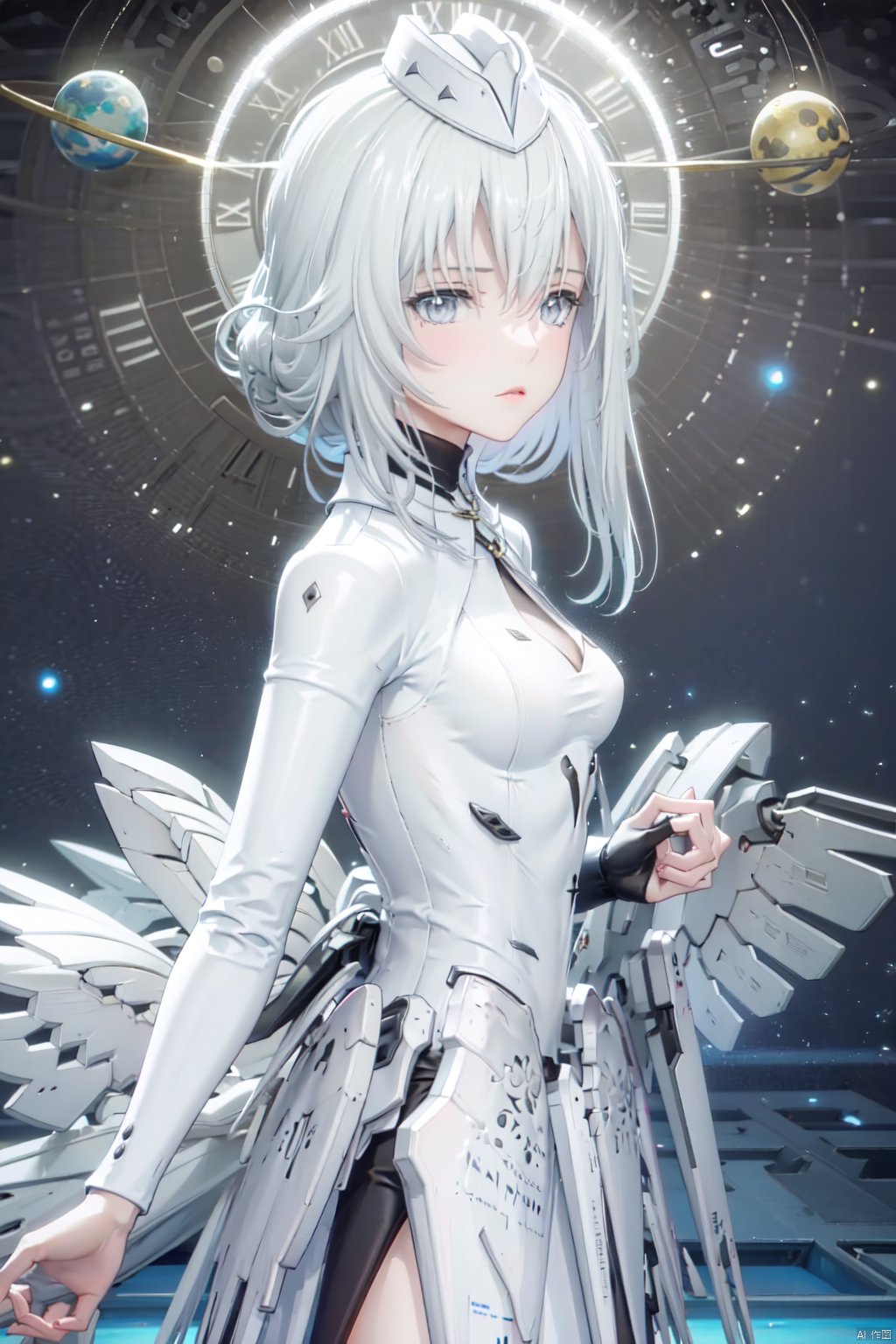  masterpiece, best quality, incredibly absurdress, highres, high detail eyes,1girl,solo,hair between eyes,blush,masterpiece,soft tender eyes,best quality,white hair,grey eyes,long hair,cosmos background,planets,cowboy shot,liv,mechanical wings,white coat,hat,from side,looking up,worried_expression,from above