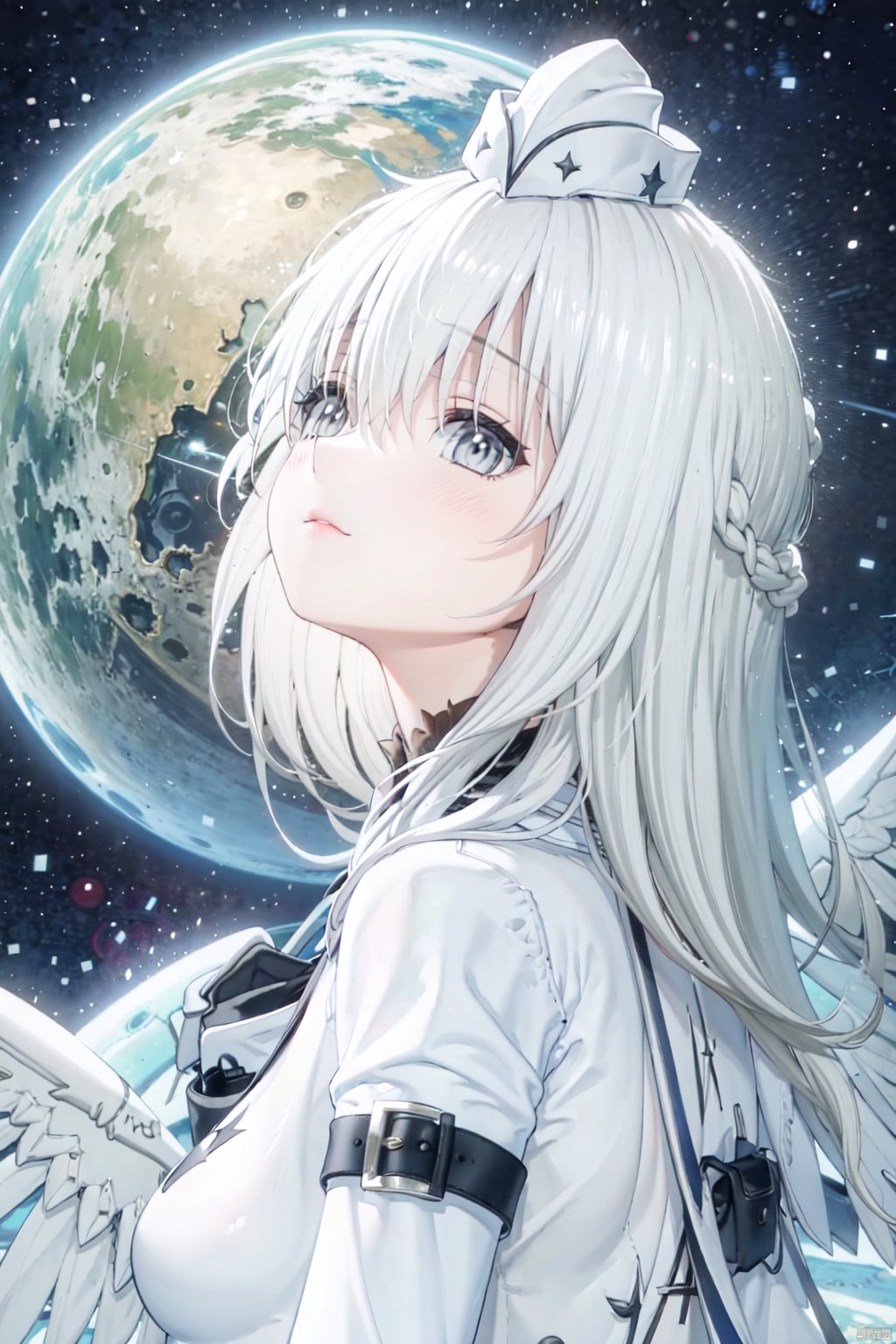  masterpiece, best quality, incredibly absurdress, highres, high detail eyes,1girl,solo,hair between eyes,blush,masterpiece,soft tender eyes,best quality,white hair,grey eyes,long hair,cosmos background,planets,cowboy shot,liv,wings,white coat,hat,from side,looking up,worried_expression,from above,