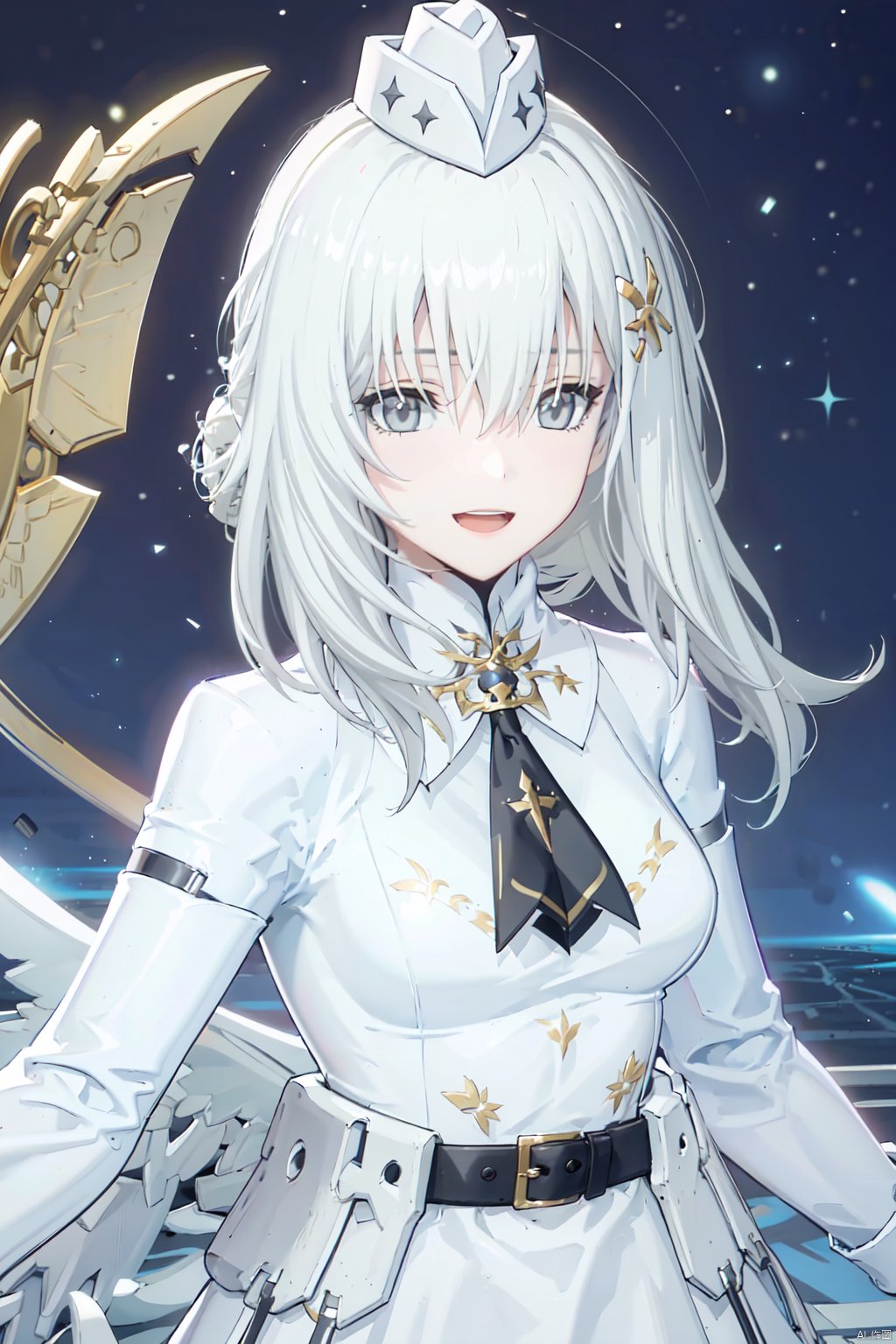  masterpiece, best quality, incredibly absurdress, highres, high detail eyes,1girl,solo,hair between eyes,blush,masterpiece,soft tender eyes,best quality,white hair,grey eyes,long hair,cosmos background,planets,cowboy shot,liv,wings,white coat,hat,smile,from above,close up,open mouth