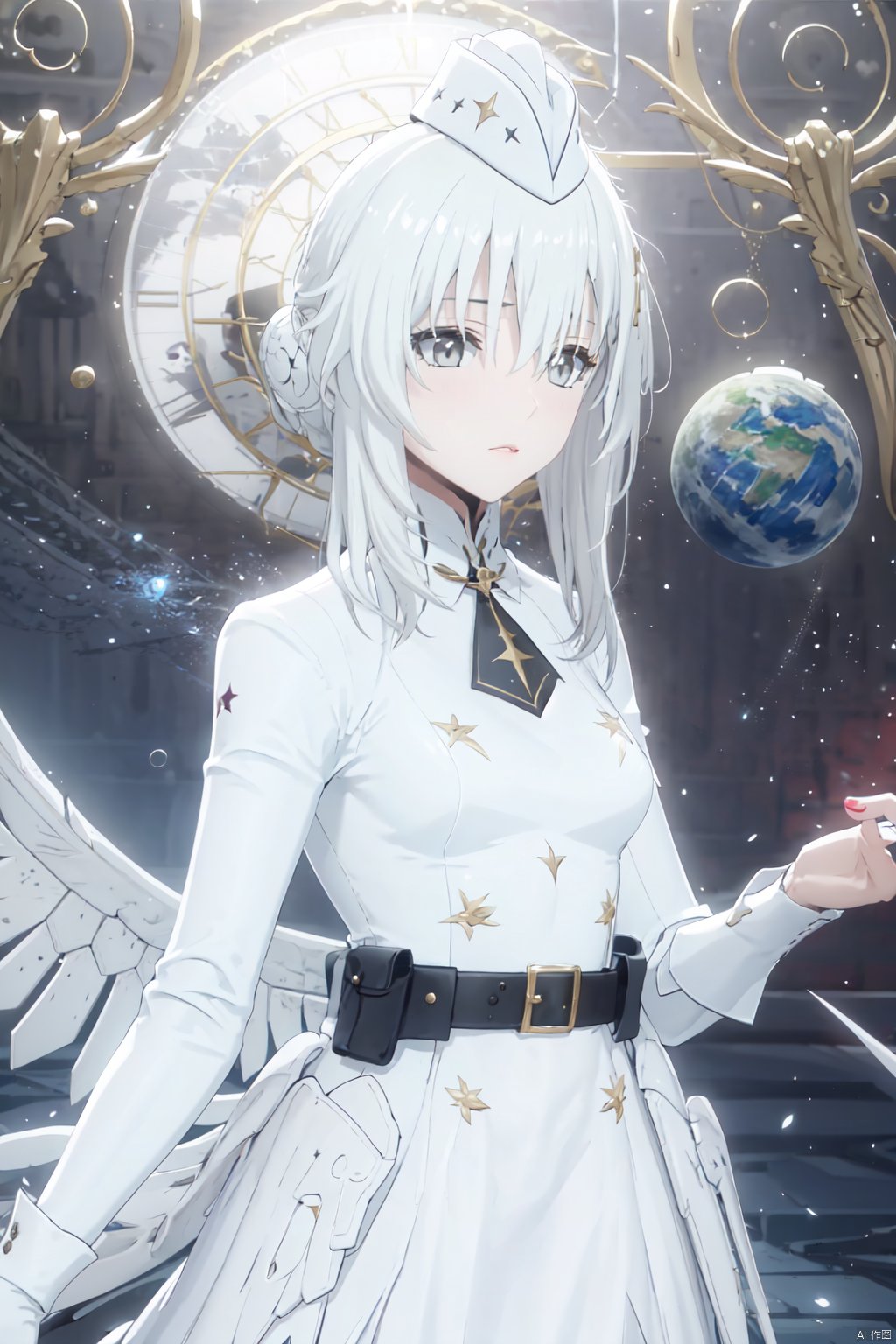  masterpiece, best quality, incredibly absurdress, highres, high detail eyes,1girl,solo,hair between eyes,blush,masterpiece,soft tender eyes,best quality,white hair,grey eyes,long hair,cosmos background,planets,cowboy shot,liv,wings,white coat,hat,