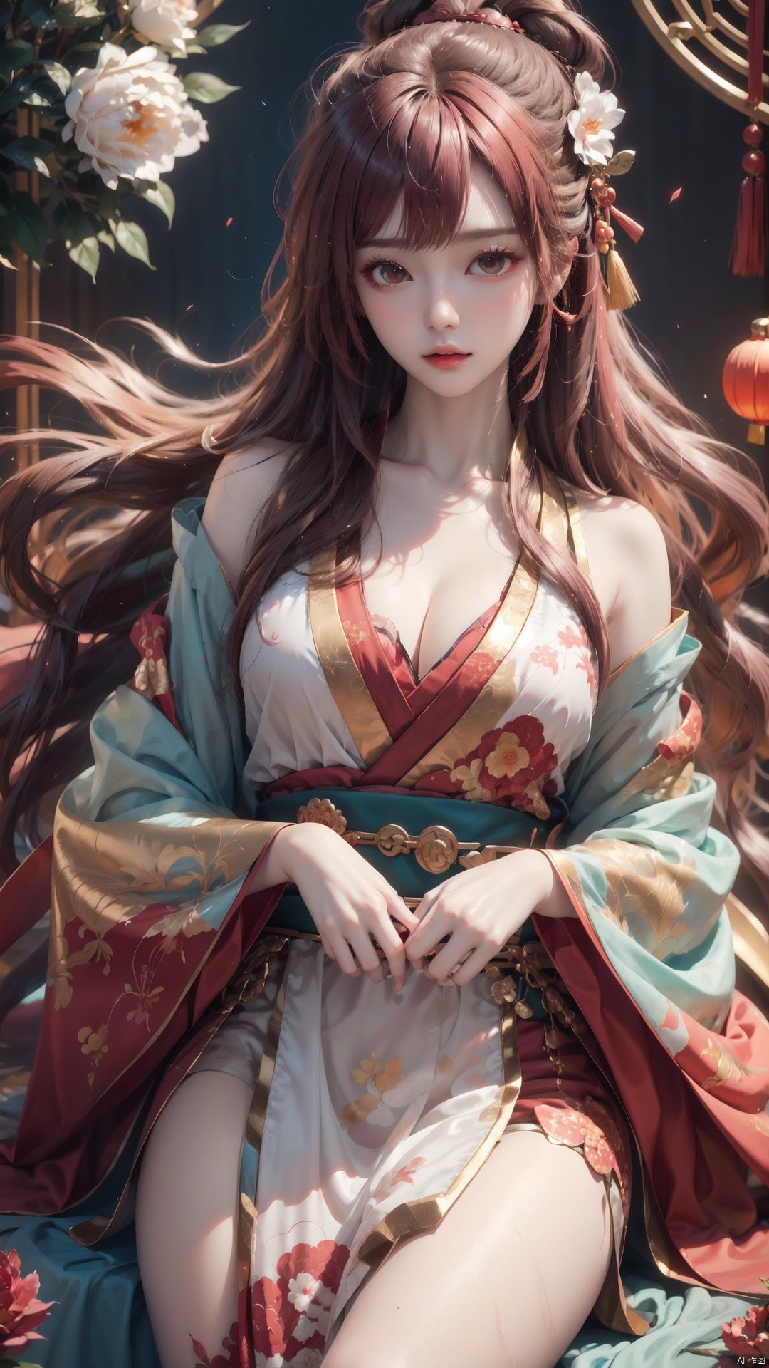 Master's work, ultra clear, highest quality, masterpiece, stunning beauty, exquisite CG, detailed facial description, messy fiery red hair, exquisite Chinese hairstyle, fiery pupils, light on the lips, flowing peony pattern silk Hanfu, embroidered Hanfu, perfect collarbone, close-up, dream scene, xihua