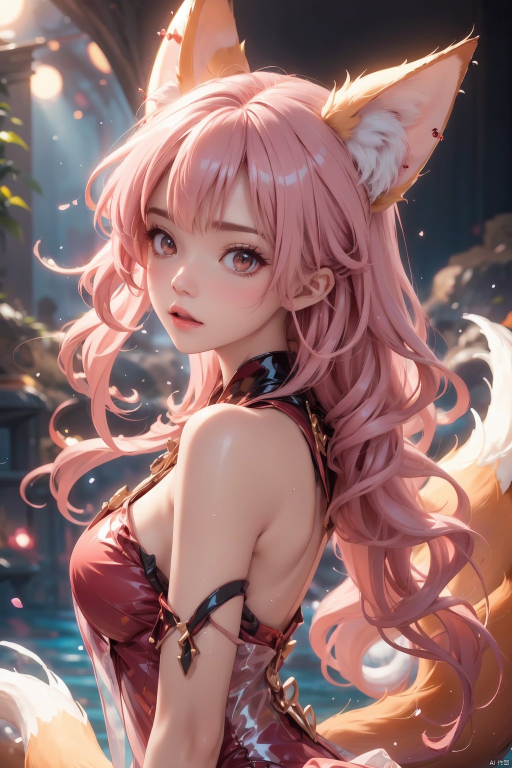  Master masterpiece, top CG rendering, studio quality, highest picture quality, ultra clear, look up, (((nine-tail Fox))), long pink hair, delicate fox ears, soft hair, delicate features, clear face, ((blushingly red face)), clear eyes, long eyelashes, clear pupils, real lips with shine, light makeup, hot body, Sexy, ruddy skin, plump breasts, sexy long legs, ((glossy silky dress all over)), (sculpted silk dress moist and glossy)), realistic, (((nine long pink fox tails)), recent, moon, rendered to perfection, realistic, true textures, true photos, cinematography, high quality, studio lighting, Top light, side backlight, backlight, telephoto, Depth of field, large depth of field, ultra sharp, 8k quality, ultra fine comics, fine lines, 1girl