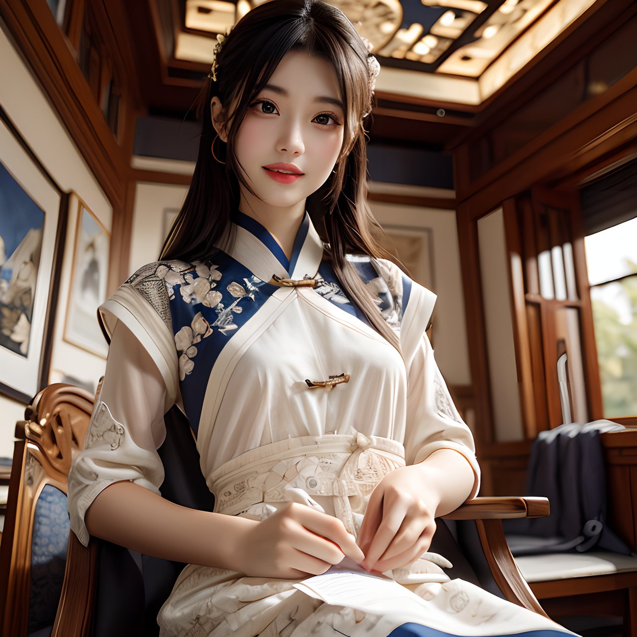 "Realistic style,  masterpiece,  top quality,  intricate,  8K,  HDR,  cinematic lighting,  precise details,  accurate human anatomy,  the entire body in the frame.A girl and a cat,  the girl wearing a black short dress with many traditional Chinese cultural patterns and designs,  such as motifs and paintings. The dress is natural/flowing/elegant,  with a genuine expression and a smile.They are seated on a large yellow crescent moon against a dark sky background,  adorned with numerous small star-shaped pixels.", junior sister,<lora:EMS-12225-EMS:-0.400000>,<lora:EMS-257474-EMS:0.600000>