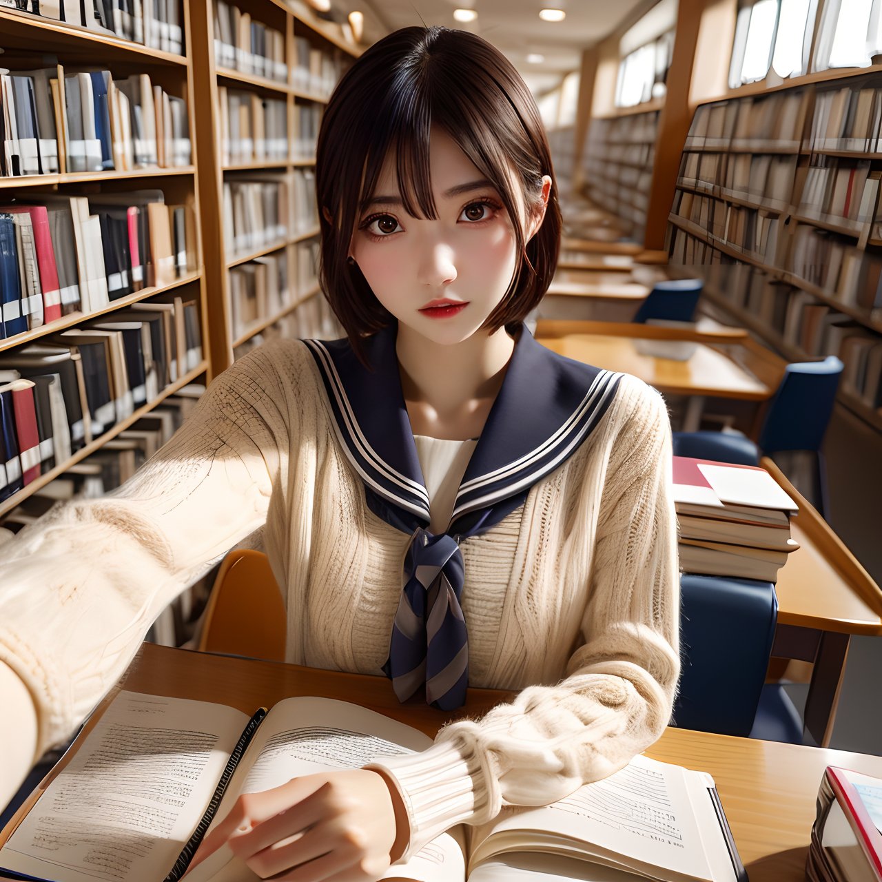 best quality,  ultra detailed 8k cg render,  masterpiece,  high resolution,  extremely detailed,  natural lighting, 1 girl,  A female student takes a selfie in the library,<lora:EMS-12225-EMS:-0.400000>,<lora:EMS-257474-EMS:0.800000>