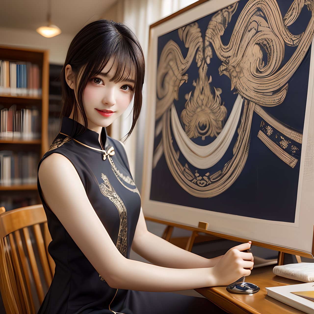 "Realistic style,  masterpiece,  top quality,  intricate,  8K,  HDR,  cinematic lighting,  precise details,  accurate human anatomy,  the entire body in the frame.A girl and a cat,  the girl wearing a black short dress with many traditional Chinese cultural patterns and designs,  such as motifs and paintings. The dress is natural/flowing/elegant,  with a genuine expression and a smile.They are seated on a large yellow crescent moon against a dark sky background,  adorned with numerous small star-shaped pixels.",<lora:EMS-12225-EMS:-0.400000>,<lora:EMS-257474-EMS:0.800000>