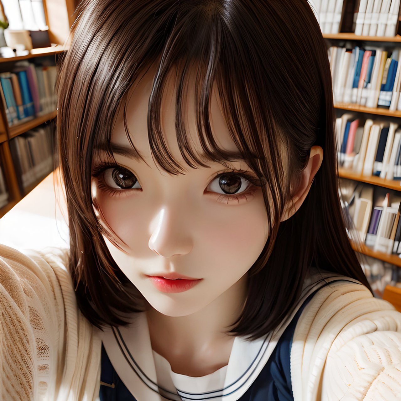 best quality,  ultra detailed 8k cg render,  masterpiece,  high resolution,  extremely detailed,  natural lighting, 1 girl,  A female student takes a selfie in the library,  close-up,<lora:EMS-12225-EMS:-0.400000>,<lora:EMS-257474-EMS:0.800000>