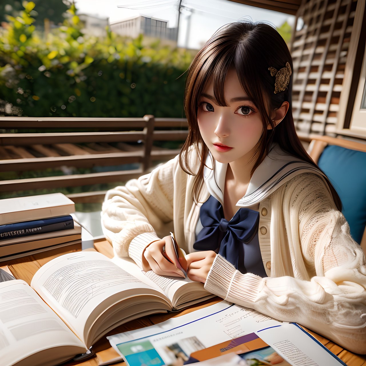 best quality,  ultra detailed 8k cg render,  masterpiece,  high resolution,  extremely detailed,  natural lighting, 1 girl,  A female student sits outdoors in the garden reading a book, (looking at viewer),<lora:EMS-12225-EMS:-0.400000>,<lora:EMS-257474-EMS:0.800000>