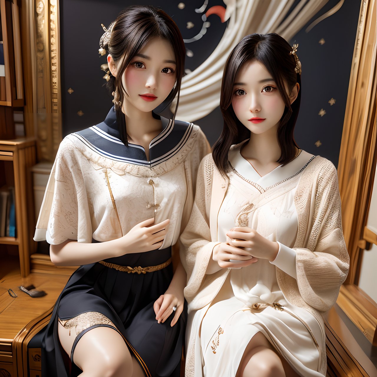 "Realistic style,  masterpiece,  top quality,  intricate,  8K,  HDR,  cinematic lighting,  precise details,  accurate human anatomy,  the entire body in the frame.A girl and a cat,  the girl wearing a black short dress with many traditional Chinese cultural patterns and designs,  such as motifs and paintings. The dress is natural/flowing/elegant,  with a genuine expression and a smile.They are seated on a large yellow crescent moon against a dark sky background,  adorned with numerous small star-shaped pixels.",<lora:EMS-12225-EMS:-0.400000>,<lora:EMS-257474-EMS:0.800000>