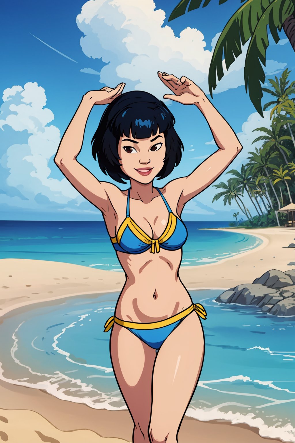 masterpiece, best quality, 1girl, gi, black hair, short hair, black eyes, bikini, looking at viewer, smile, solo, sea, sand, blue sky, tropical island background  <lora:Gi:1>