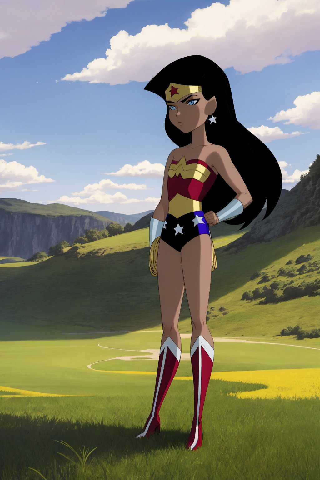 masterpiece, best quality, 1girl, wonderwoman, black hair, long hair, blue eyes, dark skin, bare shoulders, earrings, flat chest, jewelry, leotard, boots, solo, superhero, tiara, full body, standing, contrapposto, grass, blue sky, meadow background <lora:WonderWomanKids:1>