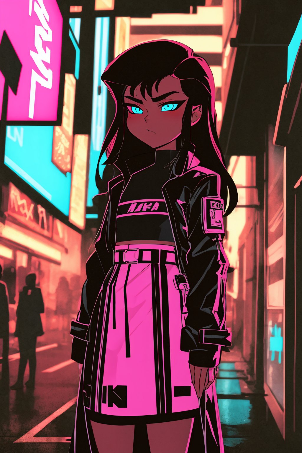 masterpiece, best quality, 1girl, black hair, long hair, blue eyes,  dark skin, flat chest, solo, techwear, coat, neon light, cyberpunk street background <lora:strtechwear_v1:0.6> <lora:WonderWomanKids:1>