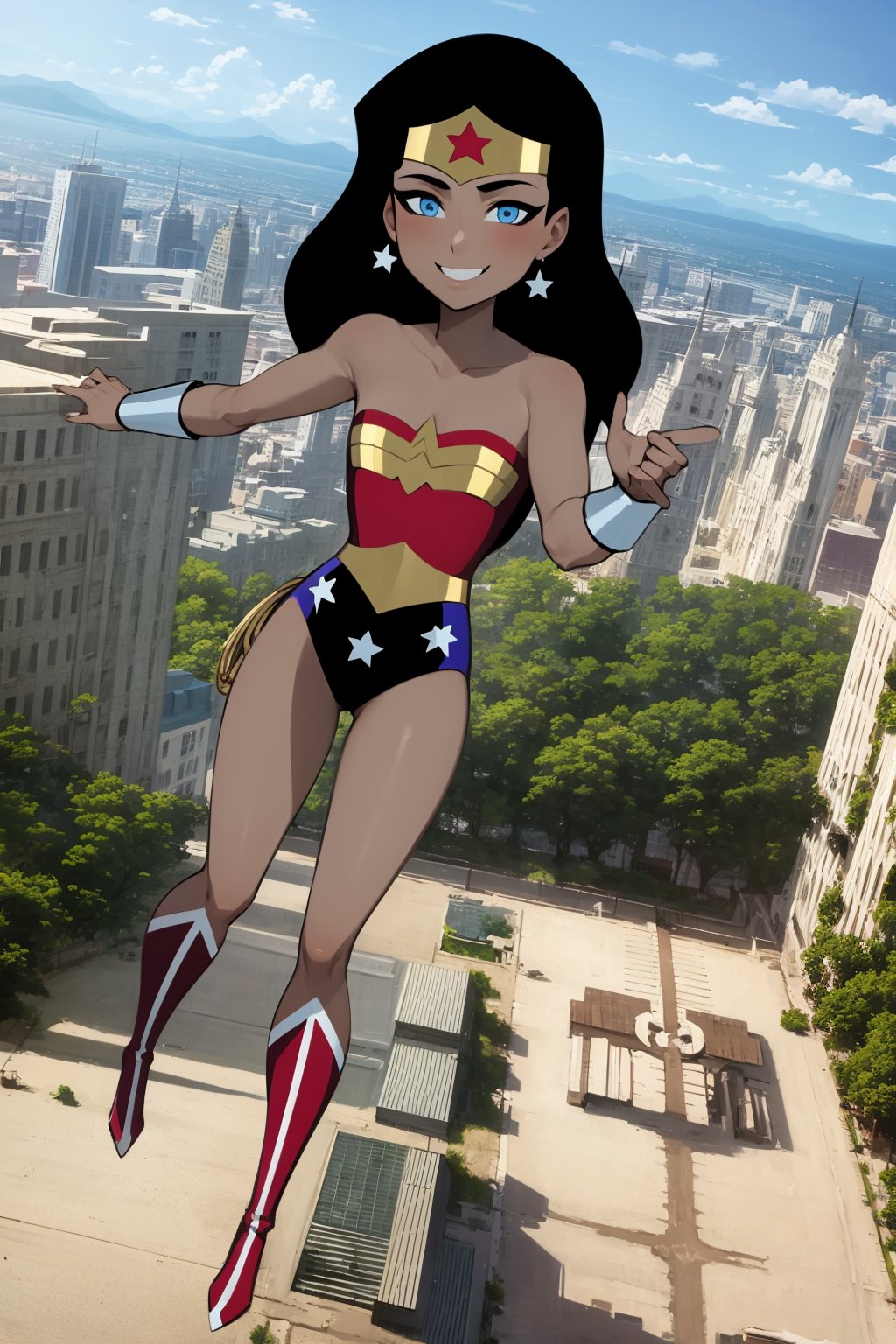 masterpiece, best quality, 1girl, wonderwoman, black hair, long hair, blue eyes,  dark skin, bare shoulders, earrings, flat chest, jewelry, leotard, boots, looking at viewer, smile, solo, blue sky, flying, city below <lora:WonderWomanKids:1>