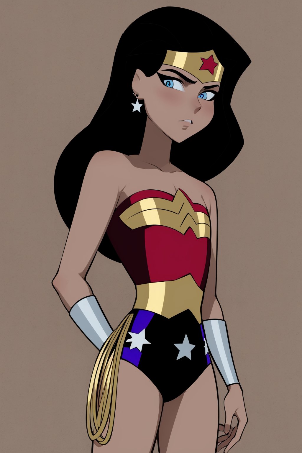 masterpiece, best quality, 1girl, wonderwoman, black hair, long hair, blue eyes,  dark skin, bare shoulders, earrings, flat chest, jewelry, leotard, solo,  superhero, tiara, simple background <lora:WonderWomanKids:1>