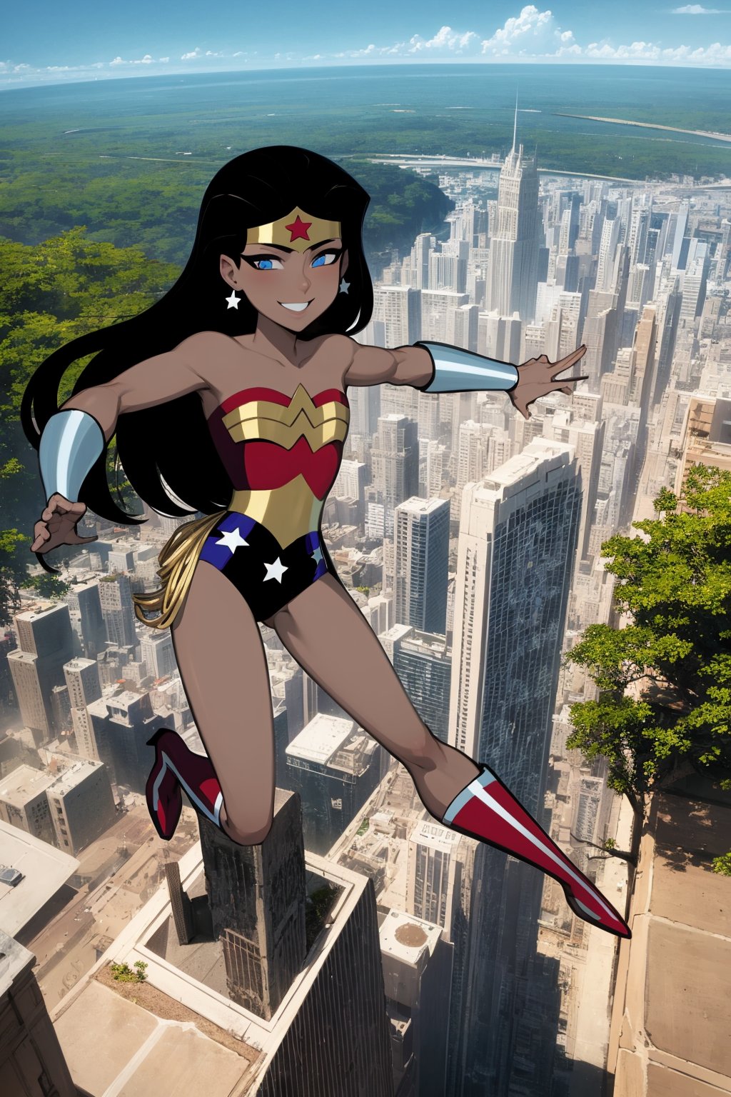 masterpiece, best quality, 1girl, wonderwoman, black hair, long hair, blue eyes,  dark skin, bare shoulders, earrings, flat chest, jewelry, leotard, boots, looking at viewer, smile, solo, blue sky, flying, city below <lora:WonderWomanKids:1>