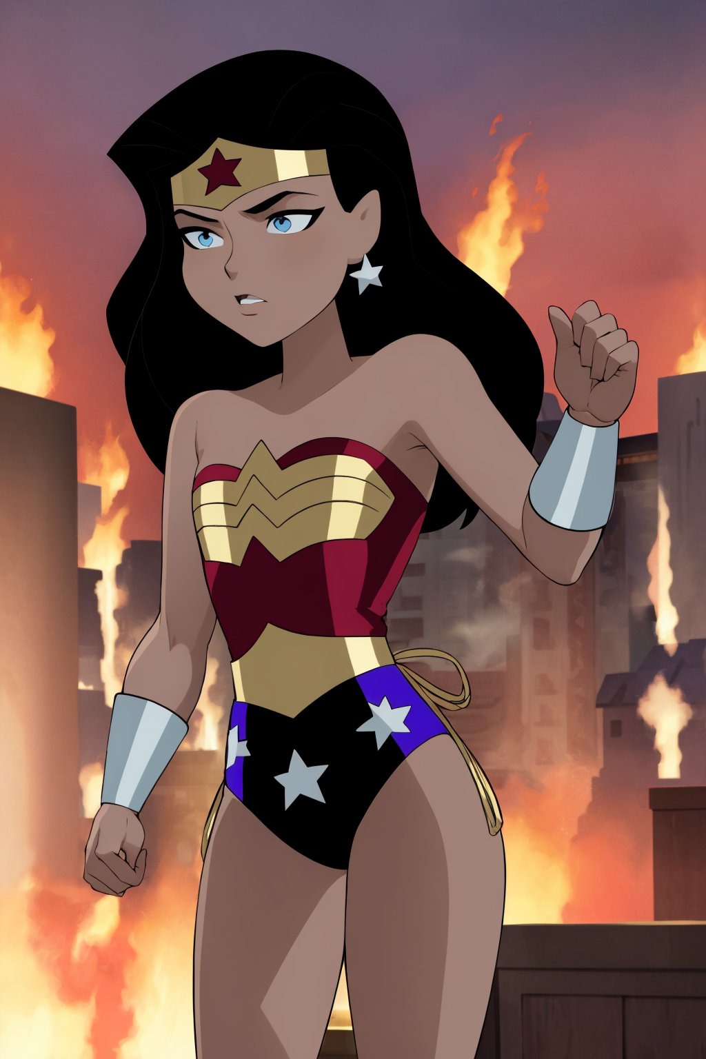 masterpiece, best quality, 1girl, wonderwoman, black hair, long hair, blue eyes,  dark skin, bare shoulders, earrings, flat chest, jewelry, leotard, solo,  superhero, tiara, burning sky, athene city background <lora:WonderWomanKids:1>