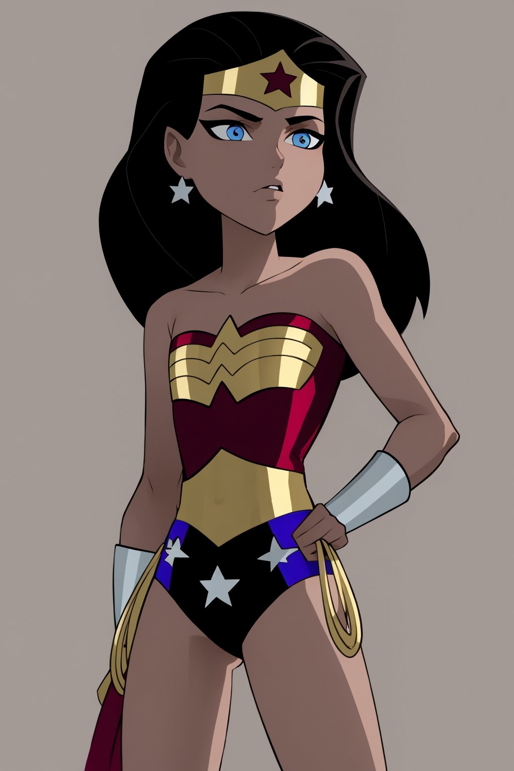 masterpiece, best quality, 1girl, wonderwoman, black hair, long hair, blue eyes, dark skin, bare shoulders, earrings, flat chest, jewelry, leotard, boots, solo, superhero, tiara, simple background <lora:WonderWomanKids:1>