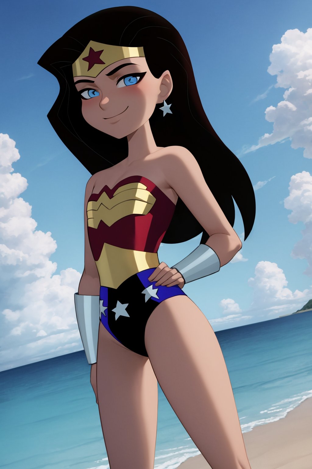 masterpiece, best quality, 1girl, wonderwoman, black hair, long hair, blue eyes,  dark skin, bare shoulders, earrings, flat chest, jewelry, leotard, solo,  hands on hips, smile, sea, sand, tropical island background <lora:WonderWomanKids:1>