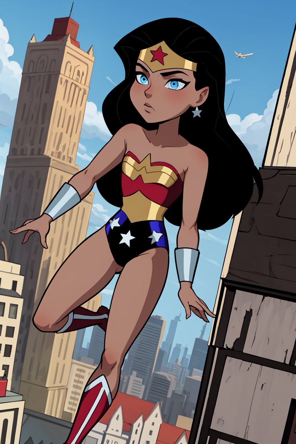 masterpiece, best quality, 1girl, wonderwoman, black hair, long hair, blue eyes,  dark skin, bare shoulders, earrings, flat chest, jewelry, leotard, boots, solo, blue sky, flying, city below <lora:WonderWomanKids:1>