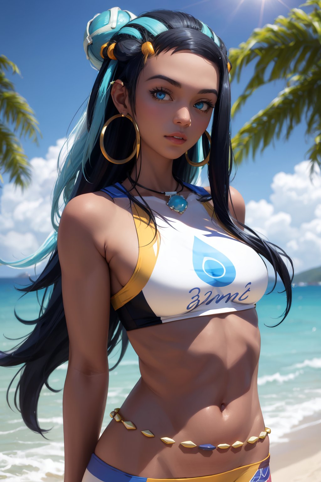 8k, best quality, real picture, intricate details, ultra-detailed, ultra highres, depth field,(photorealistic,realistic:1.2),masterpiece,photo of nessa, black hair, blue hair,  long hair,  multicolored hair, blue eyes, blue hair,dark skin, single hair bun,  armlet, belly chain, bikini, crop top, upper body, hoop earrings, necklace, looking at viewer,  solo, standing, sea, sun, blue sky, sand, tropical island background <lora:Nessa:1>