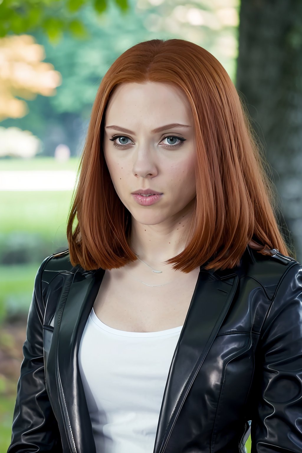 photo of woman, blackwidow, ginger hair, long hair, black leather jacket, white shirt, black pants,  cleavage, looking at viewer, high detailed skin, trees, park, grass, 8k uhd, dslr, soft lighting, high quality, film grain, Fujifilm XT3    <lora:BlackWidow:1>