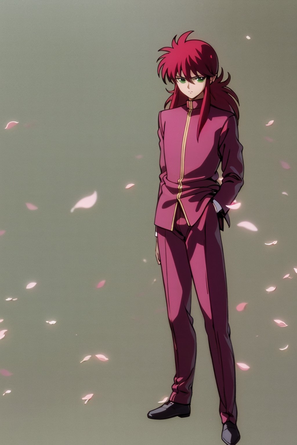 masterpiece, best quality, 1boy,  flower, kuramastd, long hair, red hair,  green eyes, full body,  solo, standing, contrapposto, pink school uniform, pink uniform, simple background <lora:Kurama:1>