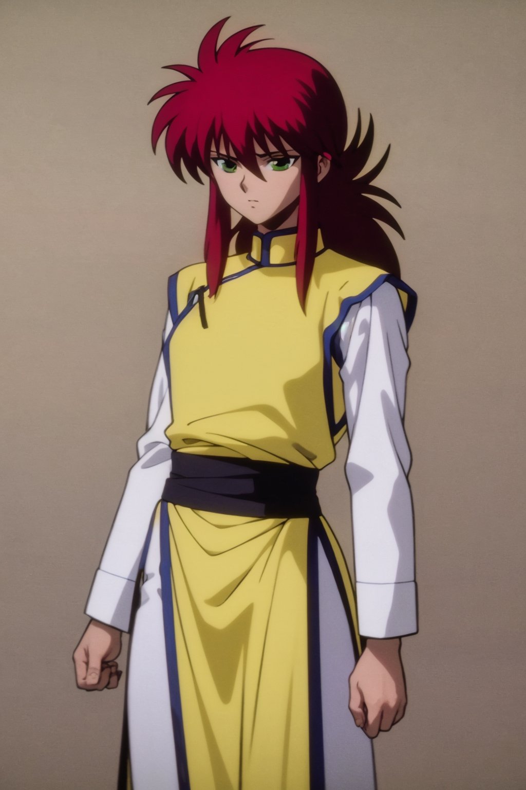 masterpiece, best quality, 1boy, kuramaalt, long hair, red hair,  green eyes, yellow chinese clothes, white long sleeves, white pants, solo, standing, contrapposto, simple background <lora:Kurama:1>