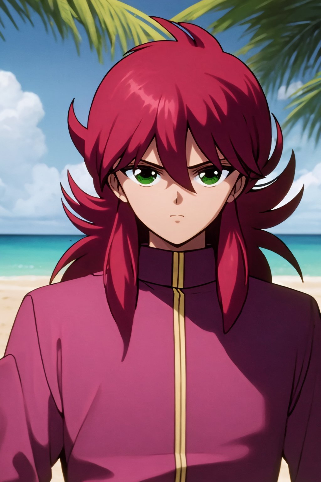 masterpiece, best quality, 1boy, kuramastd, long hair, red hair,  green eyes, upper body,  solo, pink school uniform, pink uniform, sea, sand, tropical island background <lora:Kurama:1>