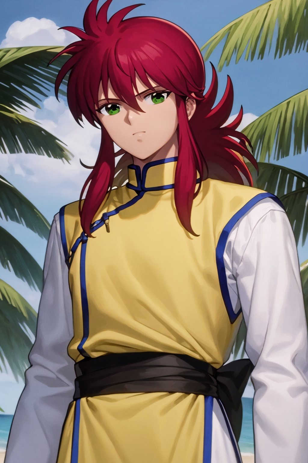 masterpiece, best quality, 1boy, kuramaalt, long hair, red hair,  green eyes, upper body,  solo, yellow chinese clothes, white long sleeves, sea, sand, tropical island background <lora:Kurama:1>