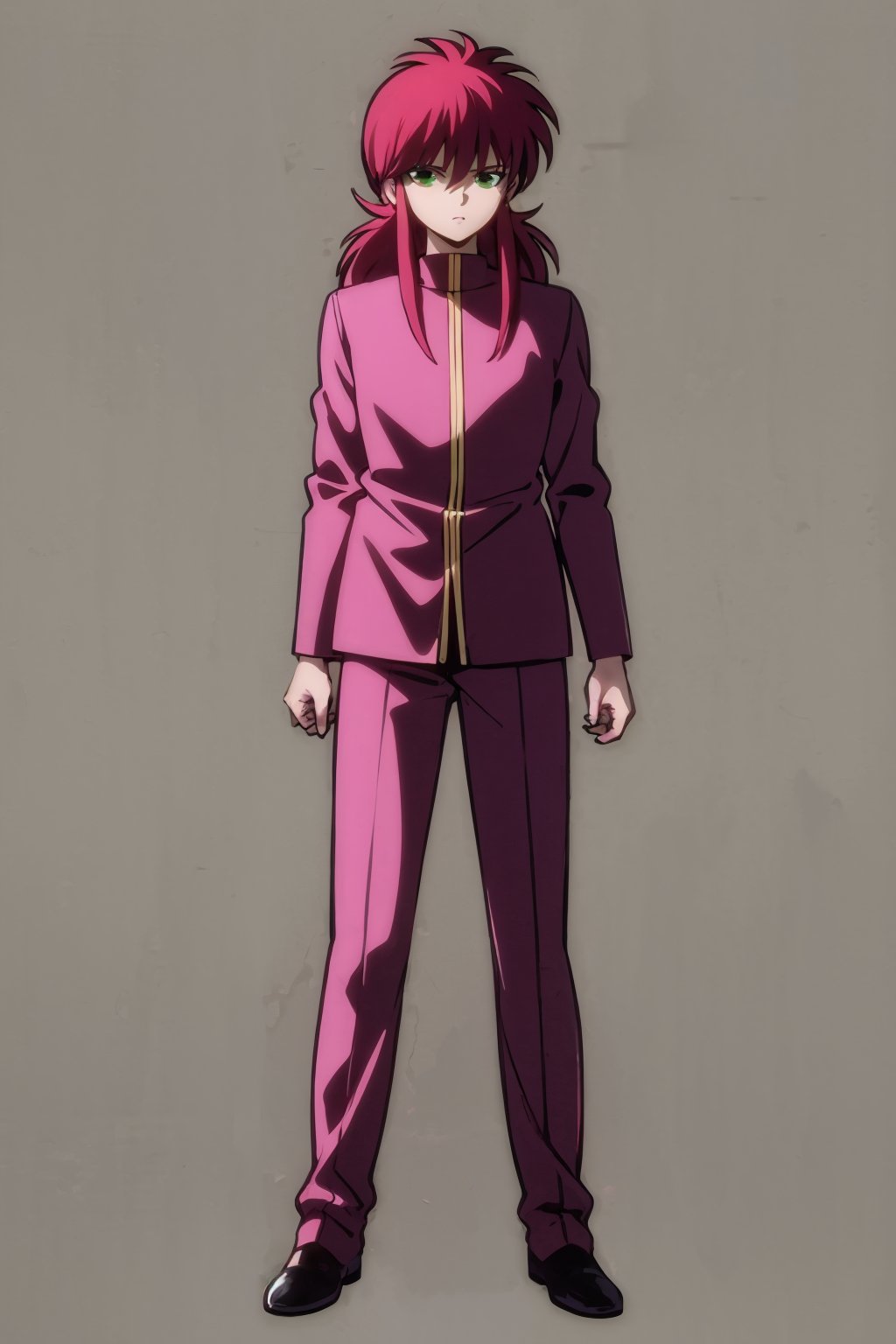 masterpiece, best quality, 1boy,  flower, kuramastd, long hair, red hair,  green eyes, full body,  solo, standing, contrapposto, pink school uniform, pink uniform, simple background <lora:Kurama:1>