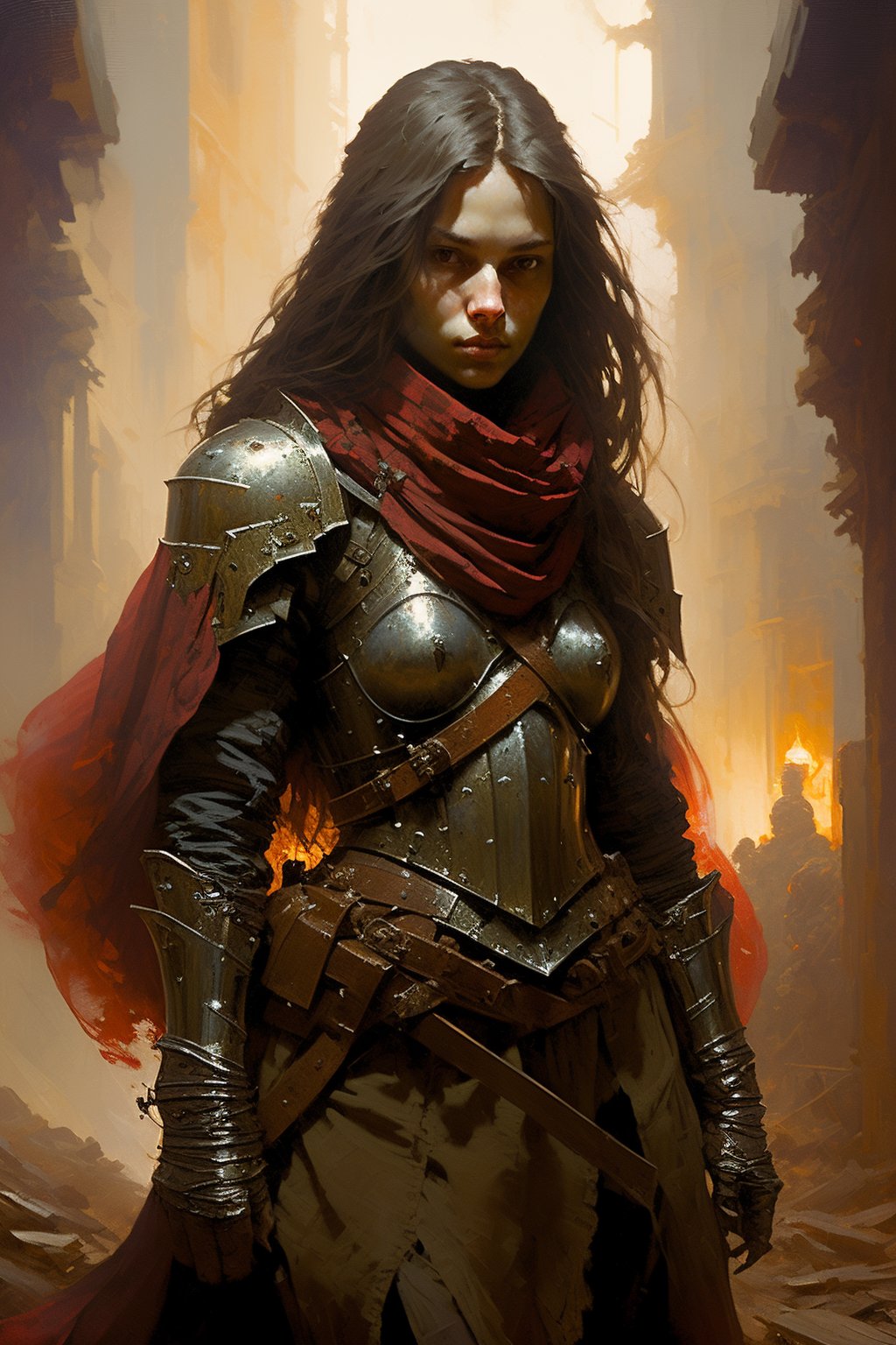 masterpiece, best quality, 1girl inside a dark room, long hair, brown eyes, armor, breastplate, brown belt, fantasy, (oil painting), red scarf, upper body, dark, night, no light, by Steve Henderson, Fabian Perez, Henry Asencio,Jeremy Mann, Marc Simonetti, fantasy, magical horror, atmosphere