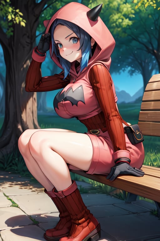 masterpiece, best quality, pkmntmg, fake horns, hoodie, red shorts, gloves, red boots, from side, sitting, bench, road, trees, smirk, looking at viewer, large breasts 