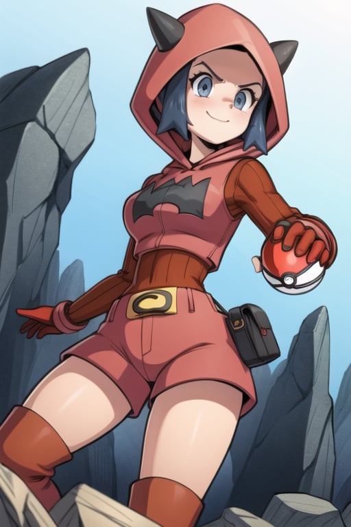 masterpiece, best quality, pkmntmg, fake horns, hoodie, red shorts, gloves, red boots, raised arm, holding poke ball, smile, furrowed brow, rocks, rock formations 