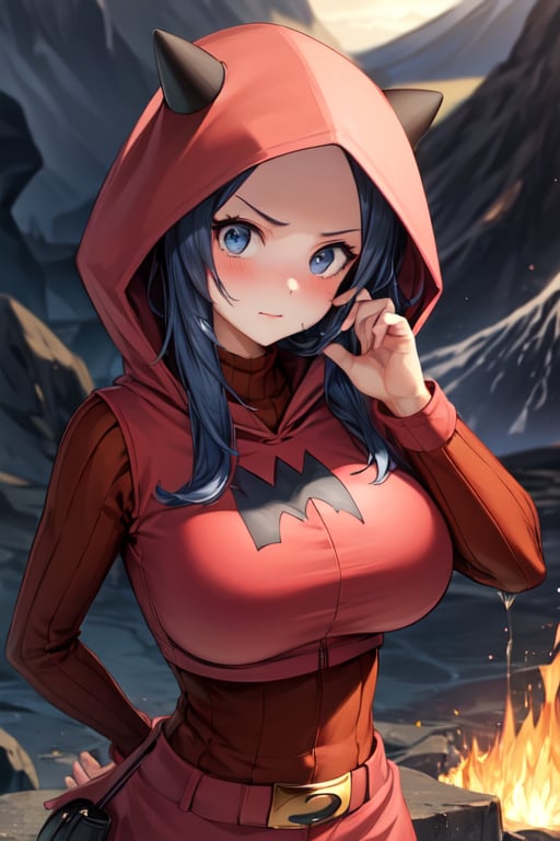 masterpiece, best quality, volcano, lava, 1girl, solo, fake horns, hoodie, pkmntmg, large breasts