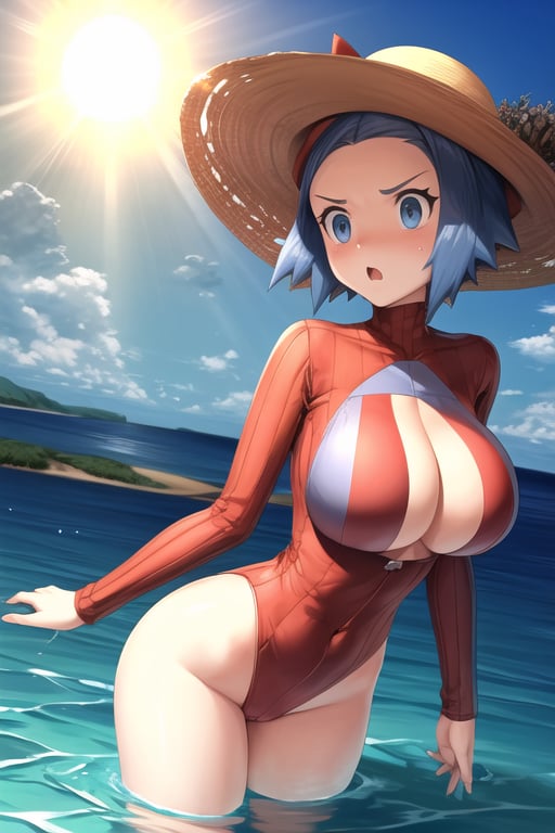 masterpiece, best quality, pkmntmg, short hair, sun hat, red one-piece swimsuit, large breasts , scared, ocean, standing in water   