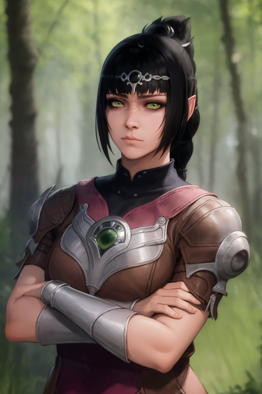 masterpiece, best quality, 1girl, shadowheart, black hair, braided ponytail, green eyes, circlet, crossed arms, emotionless, looking at viewer, forest, blurry background <lora:ShadowHeart:1>