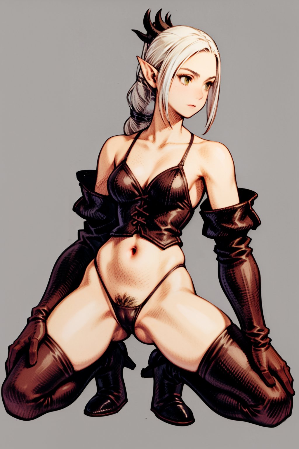 (1girl:1.1), (elf:1.1), shadowheart, final fantasy tactics,  masterpiece, highly detailed, bdsm costume, dominatrix, (solo),(fft), thigh high boots, full body, (white hair,) braided ponytail, circlet, elf, pointy ears, green eyes, no nose, (pubic hair:1.3), (leather thong), shaded, shadowed, <lora:Tactics Ogre Concept Art:0.4> <lora:fftstyle_v1.8_&_v2.2_merge:0.5>  <lora:yoshida_akihiko_offset:0.4>  thick thighs,  solid grey background <lora:ShadowHeart:1>